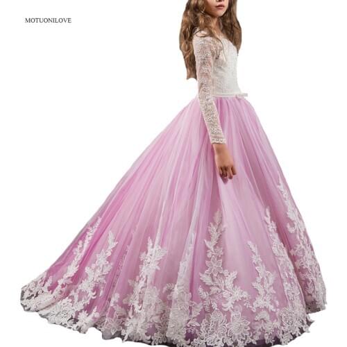 Vestidos De Flores Lilac Long Sleeves Lace Formal Party Dress Flower Girls Dress Kids Wedding Evening Clothing Primera Comunion