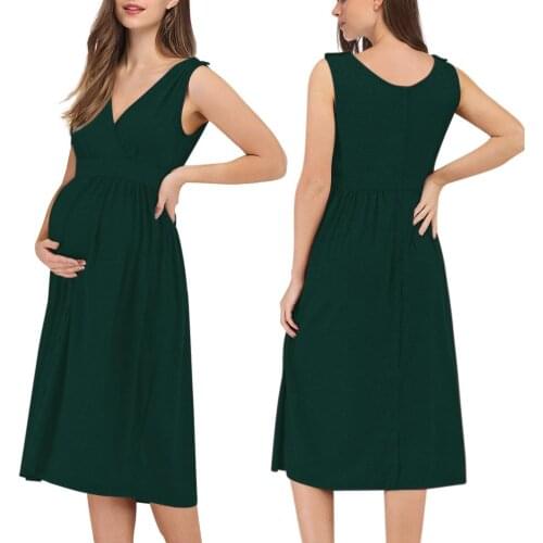 Coolmee Womens Sleeveless Solid Wrap V Neck Button Pleated Breastfeeding Nursing Maternity Dress