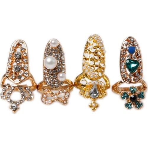 2017 1PC Women Nail Ring Charminng Jewelry Bowknot Crown Crystal Finger Nail Art Ring Fake Nail Protection Fashion Jewelry
