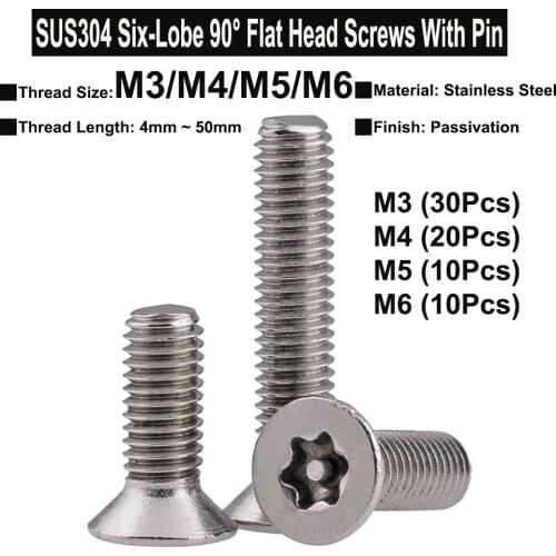 30Pcs/20Pcs/10Pcs M3 M4 M5 M6 SUS304 Stainless Steel Six-Lobe 90° Flat Head Screws With Pin Anti-Theft Safty Countersunk Screws