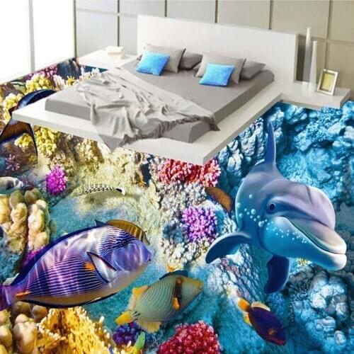 Beibehang Custom Floor Mural Wallpaper Dolphins Coral Tropical Fish 3D Bathroom Bedroom Floor Sticker Painting PVC Self-adhesive