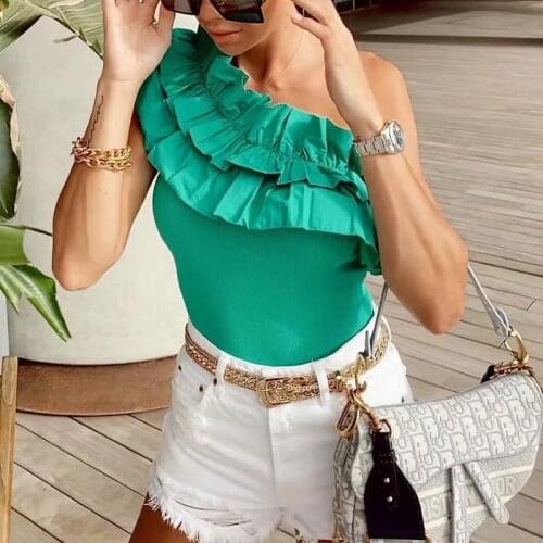 Asymmetric Green Ruffled Bodysuit Sleeveless Slim Jumpsuit Sexy One Shoulder Za Woman 2021 Summer Fashion Stylish Streetwear