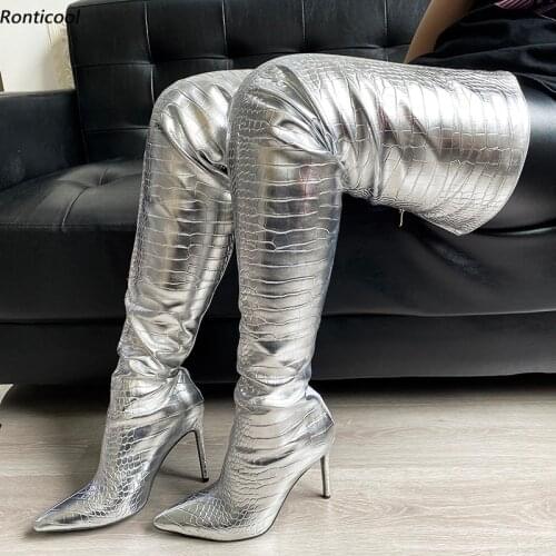 Ronticool New Handmade Women Winter Thigh Boots Back Zipper Sexy Stiletto Heel Pointed Toe Silver Party Shoes Us Size 5-15