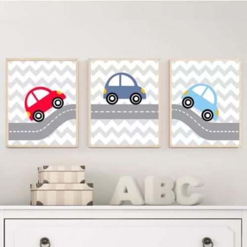 Kid Room Decor Cartoon Wall Art Canvas Painting Posters Baby Boy Nursery Wall Decor Pictures Car Prints Red Blue Colorful Car