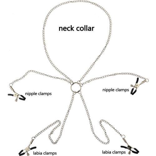 Erotic Metal Nipple Clamps Labia Clip Chain Neck Collar Adult Games Slave BDSM Fetish Clitoris Clamp Sex Toys For Couples