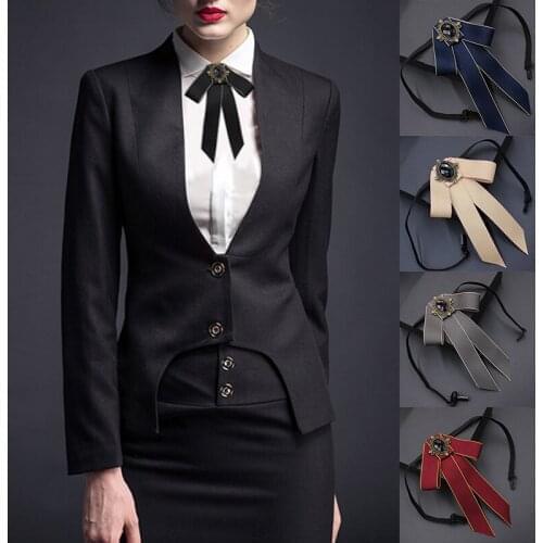 Unisex Ribbon Bow Tie Brooch Retro Rhinestone Necktie Adjustable Wedding Host Bridegroom Shirt Collar Banquet Formal Blouse Tie