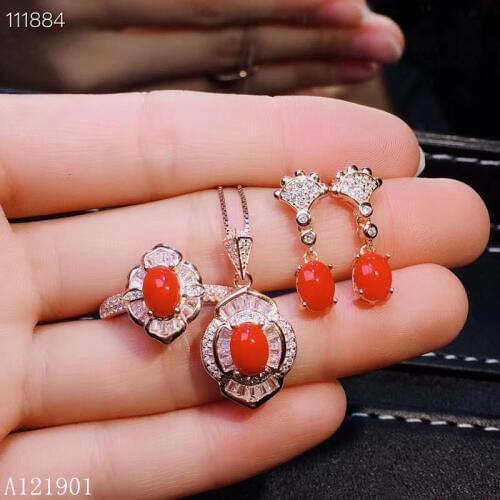 KJJEAXCMY exquisite jewelry 925 sterling silver inlaid natural Hongshanhu Ring Pendant Earring Set support detection