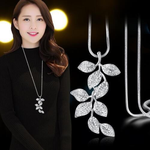 Korean Fashion Long Necklaces for Women Silver color Leaf Crystal Choker Necklaces & Pendants Female Sweater Chain Jewelry