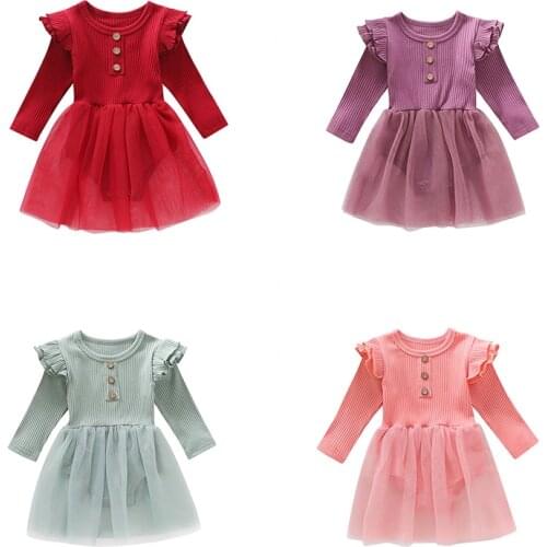 0-24M Newborn Infant Baby Girls Tutu Knit Long Ruffles Sleeve Solid Lace Romper