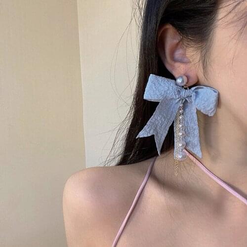 Korean Fashion Pearls Chain Tassel Dangle Earrings for Women Girls Vintage Organza Bowknot Earrings Jewelry 2021 New