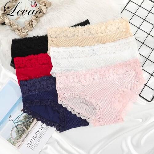 LEVAO Women Luxury Sexy Lace Panties Striped Cotton Breathable Briefs Underwear Female Seamless Allure TranslucenLingerie