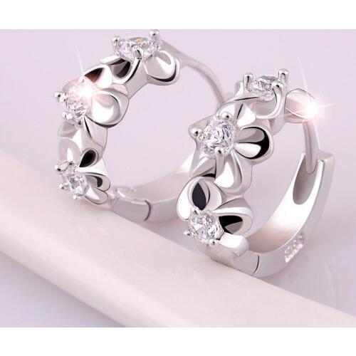 Hot Sale Flower Small Circle Silver Plated Earrings Fine Fashion Jewelry Bijoux Camellia Crystal Stud Earrings For Women