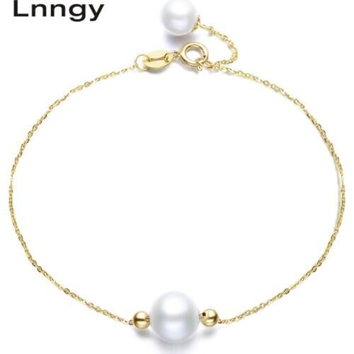 Lnngy 18K Yellow Gold Chain Bead Natural Freshwater Pearl Trendy Gold Link Chain Bracelets Round White Pearl for Women Lady Gift