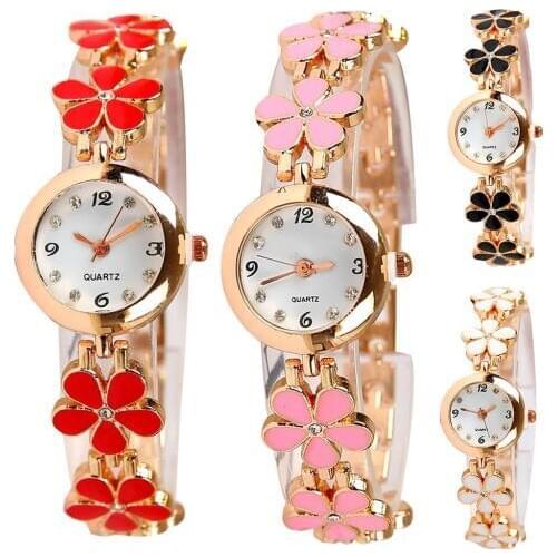 Fashion Women Rhinestone Flower Round Dial Analog Quartz Bracelet Watch Gift