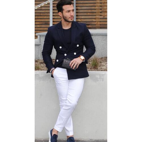 2020 Navy Blue Double-breasted Men Suit Casual Blazer suit man Tuxedo Custom Jacket Style men Suit 2pcs (jacket + white pants)