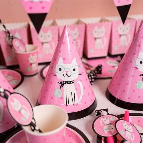 Cartoon Pink Cat Theme Birthday Party Supplies For Girls Cup Plate Straws Naokins Baby Shower Decor Disposable Tableware Sets