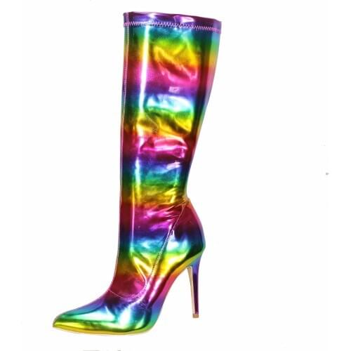 Charming Ladies Rainbow Patent Leather Knee High Boots Pointed Toe Thin Heel Shiny Mix-colors Long High Heel Boots Party Shoe