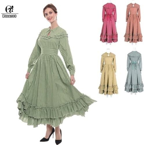 ROLECOS Plaid Lolita Dress Cotton Long Dress for Women Retro Victorian Renaissance Costume Party Sweet Girl Autumn Costume
