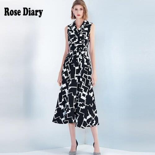 RoseDiary Dress for Women Summer 2021New Geometric Print Sexy Party Sleeveless Notched A-line Office Lady Midi Dresses with Belt