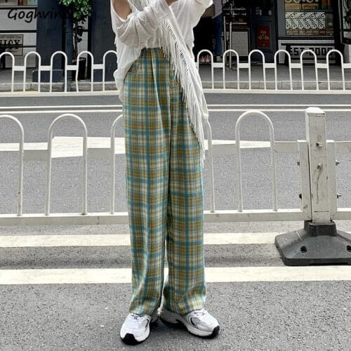 Casual Pants Women Retro Chic Loose Female Plaid Streetwear Summer Full-length Korean Student Preppy Style Fashion All-match Ins