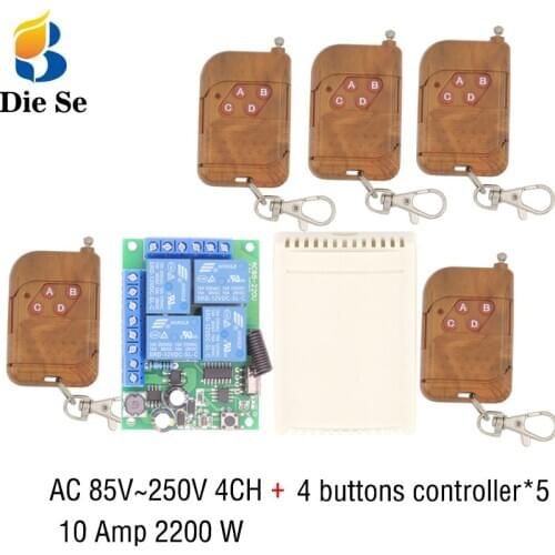 AC85V~220V 10Amp 2200W 433MHz RF Wireless Remote Control 4CH Relay Receiver Module for garage door opener and Light controller