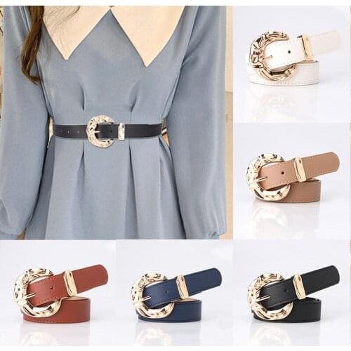 Retro Gold Round Buckle Women Belts Classic Solid Color Pu Leather Waistband Female Girls Fashion Metal Pin Straps Waist Belt