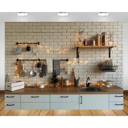Mehofond Christmas Kitchen Backdrop White Cupboard Brick Wall Shiny Light Photography Backgrounds Photo Studio Decorations Props