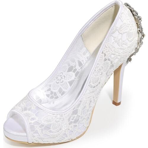 Only 1 pair - size 35 White platform lace evening dress shoes open toe crystal back bridal wedding prom party high heels