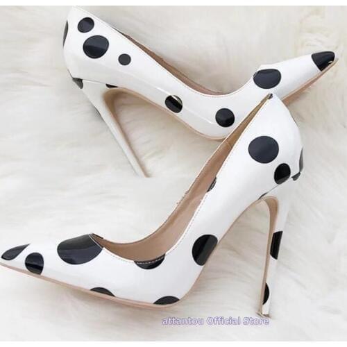 Black Dots Printed Pattern Slip On Women White Thin High Heel Dress Shoe Pointed Toe Pumps Sexy High Heels Dress Shoes Stilettos