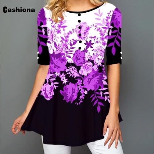 Plus size 5xl Women Elegant Leisure Casual T shirt Bohemian Flower Print Womens Top Vintage 2021 Summer Button Tees shirt Femme