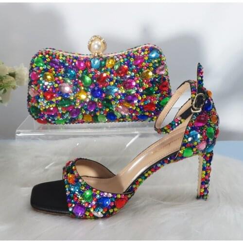 BaoYaFang Multicolored Crystal Women wedding shoes with matching bags bridal High heels Summer shoes green blue Shoe and Bag Set