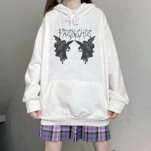 Women Hip Hop Streetwear Hooded Angel Dark Print Harajuku Vintage Cartoon Punk Winter Loose Tops Outwear Sweatshirt Hoodies