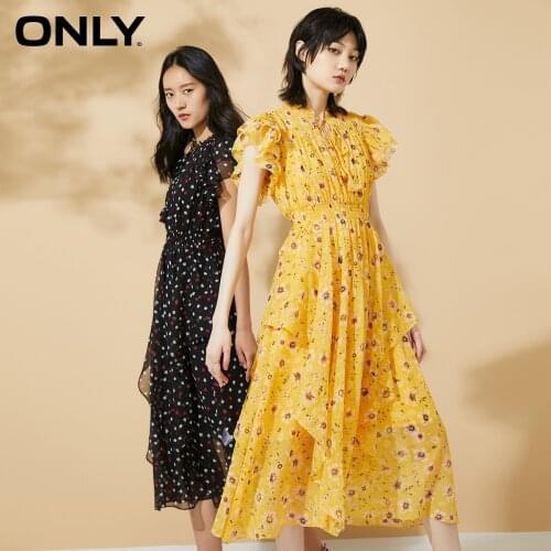 ONLY 2020 summer new temperament V-neck floral slimming two-piece chiffon dress female | 120207518