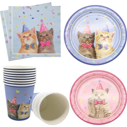 8Pcs Pet Cute Cat Party Paper Plates Cups Napkins Disposable Tablewares Happy Birthday Baby ShowerParty Decoration Supplies