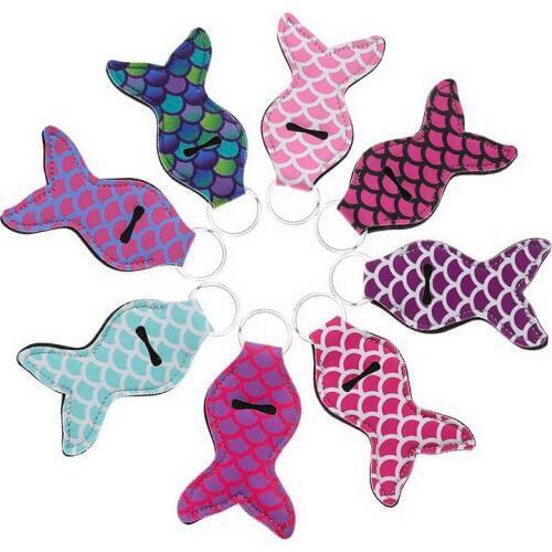 8Pcs Mermaid Tail Neoprene Lipstick Holder Keychain Chapstick Key Chain Holder Lip Balm Vibrant Prints Key Chain Holder