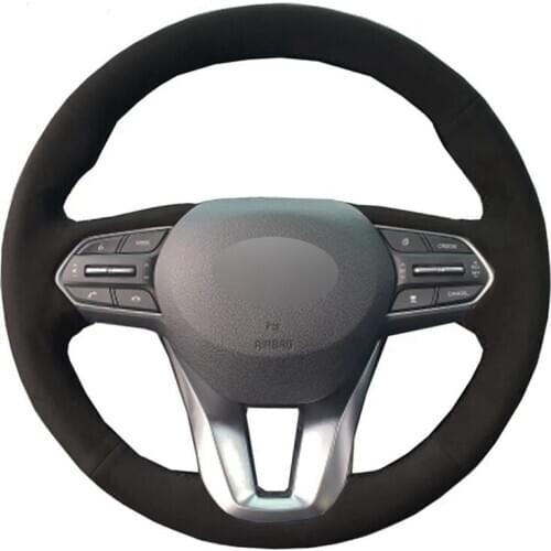 DIY Hand-stitched Black Soft Genuine Leather Suede Car Steering Wheel Cover For Hyundai Santa Fe 2019 2020