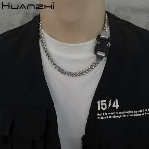 HUANZHI 2020 New Trendy Cool Punk Industrial Style Metal Buckle Geometric Unisex Couple Necklace for Women Men Party Jewelry
