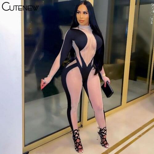 Cutenew Fashion Patchwork Long Sleeve O-Neck Jumpsuits Fitness Sporty Stretchy Activewear Casual Bodycon Workout Lady Streetwear