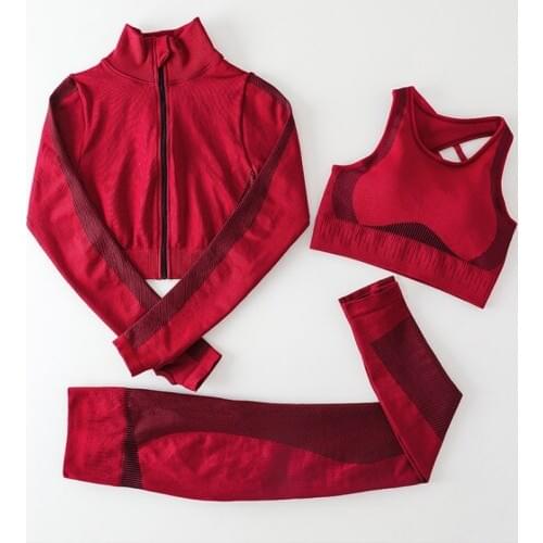 Seamless Women 3PCS Yoga Sets Fitness Sport Yoga Suit Long Sleeve Yoga Clothing Female Sport Gym Suits Gym Set Exercise Clothing