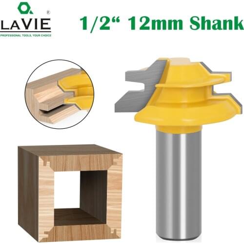 LAVIE 1pc 12MM 1/2" Shank 45 Degree Lock Miter Router Bit 1/2 Stock Medium Lock Miter Milling Bit Wood Carving Tenon Knife 03042