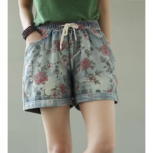 Summer Denim Shorts Women Casaul Print Washed Vintage Bleached Ripped Female Fashion Trousers