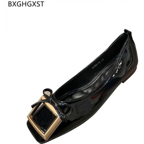Black Loafers Patent Leather Shoes Woman Boat Shoes for Woman Butterfly-knot Flats Square Toe Slip on Shoes Women Office 2021