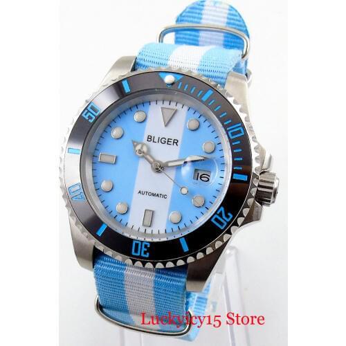BLIGER Mechanical Wristwatch Blue White Dial Sapphire Glass Date Function 40mm Silver Color Case Nylon Strap MIYOTA Movement