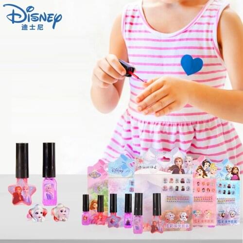 Disney Frozen 2 Elsa Anna Girls Washable Nail Polish Makeup Set Nail Stickers Sofia Snow White Kids Necklace Pretend Play Toys