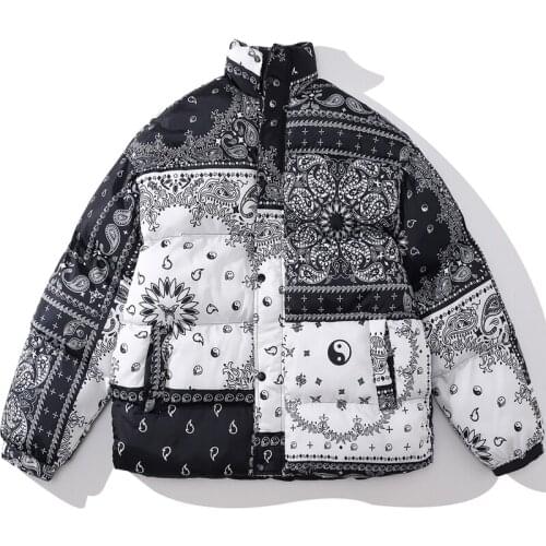 Men Cashew Parka Korean Oversize Stitching Black White Puffer Jacket Fashion Printing Graffiti Coats Hip Hop Loose Streetwear