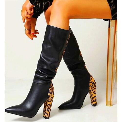 Sexy Womens Pointed Toe High Boots Leopard Block High Heels Pull On Tall Long Booties Party Pumps 33 34-43