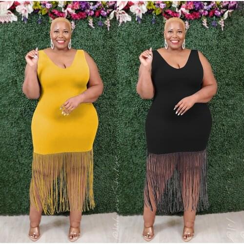 Sexy Night Club Party Tassel Dress Women Elegant Bodycon Sleeveless Dresses Plus Size 4XL 5XL Yellow Black Robe Femme Vestidos
