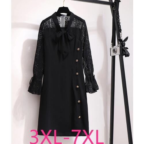 2021 spring autumn plus size dress for women large loose casual long sleeves lace button V neck dresses black 4XL 5XL 6XL 7XL