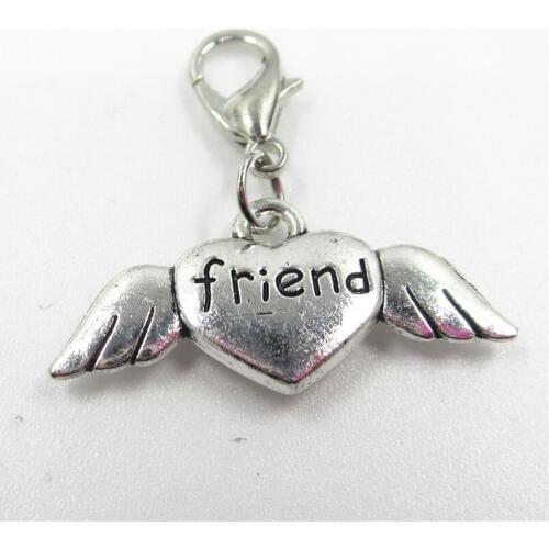 2018 New 20pcs/lot Silver Friend Angel Heart Dangle Charms Hanging Lobster Clasp Charm DIY Jewelry Accessories Necklace Pendant
