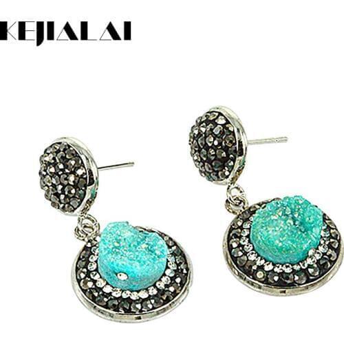 Natural Quartz Druzy Stone Pendant Earrings Pave Black and White Rhinestone Crystal Dangle Earring Women Stone Jewelry NS-056